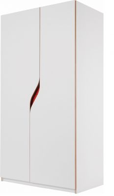 Weißer Plane Kleiderschrank von Müller Möbelwerkstätten mit zwei Türen und rotem Akzent.